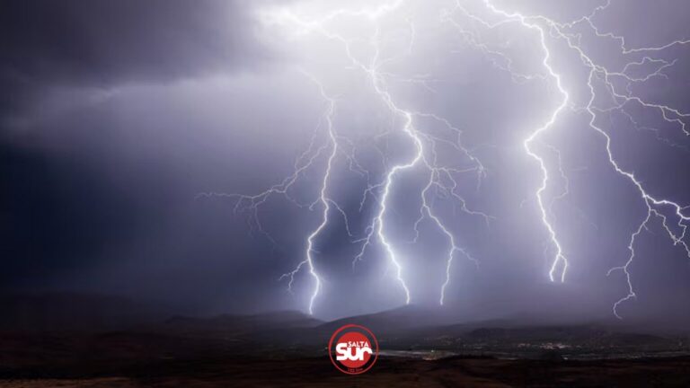 Mapa o ilustración representando tormentas sobre la región sur de la provincia de Salta.