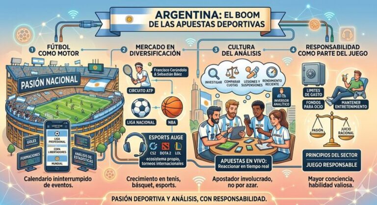 Gráfico representativo del crecimiento de las apuestas deportivas en Argentina con iconos de fútbol, tenis y esports.