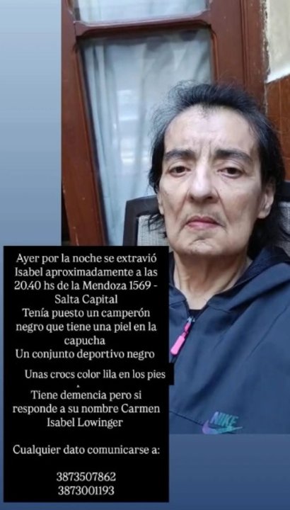 Fotografía de Carmen Isabel Lowinger, mujer buscada en Salta.