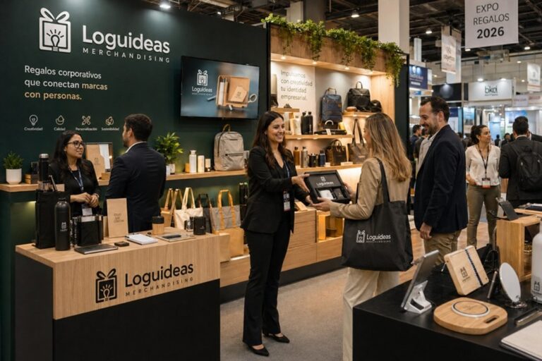 Set de regalos empresariales personalizados sobre una mesa de oficina