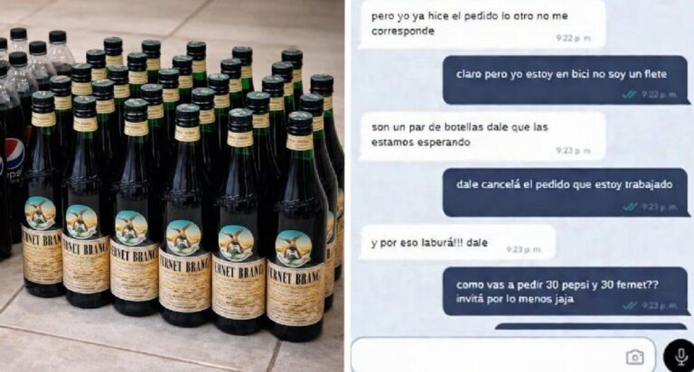 Captura de pantalla de conversación entre repartidor y cliente en app de delivery.