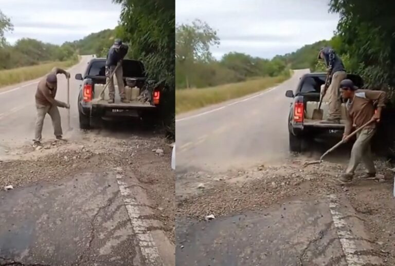 Vecinos de La Quena, Embarcación, rellenando baches en la Ruta Nacional 34 con palas y materiales rudimentarios.